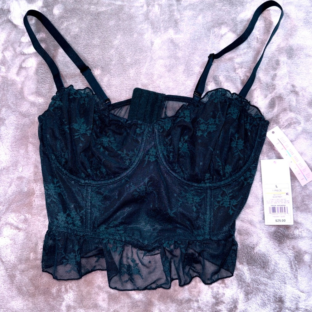 Wild Fable Corset Top Women L Black New Floral Lace Underwire Ruffle